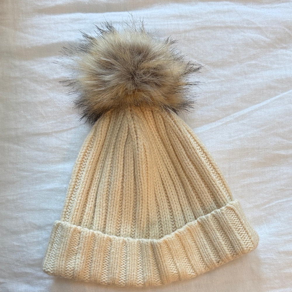 J. Crew Cream Knit Beanie with Faux Fur Pom-Pom